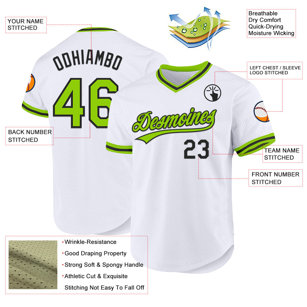 Custom White Neon Green-Black Authentic Throwback Baseball Jersey