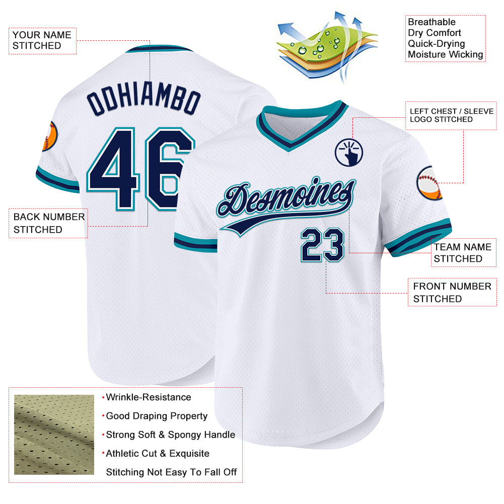 Custom White Navy-Teal Authentic Throwback Baseball Jersey