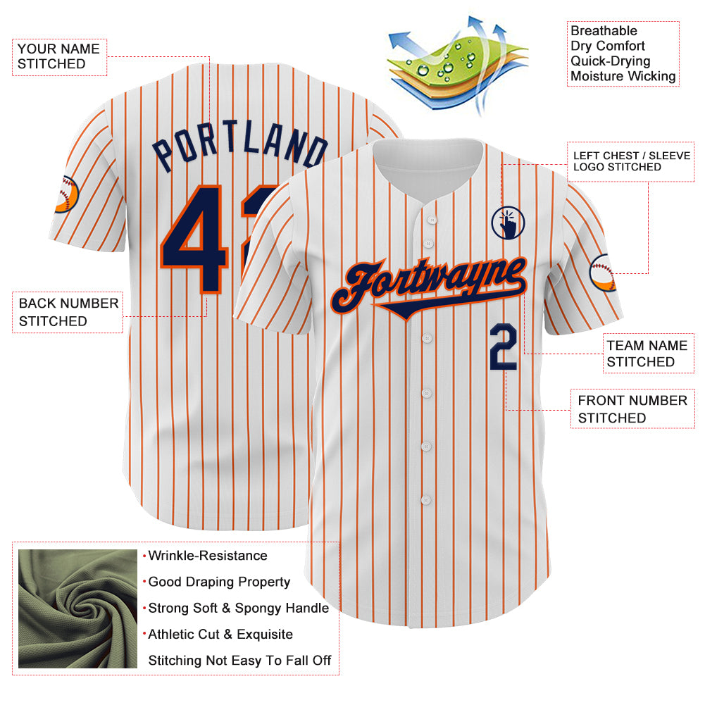 Custom White Orange Pinstripe Navy Authentic Baseball Jersey