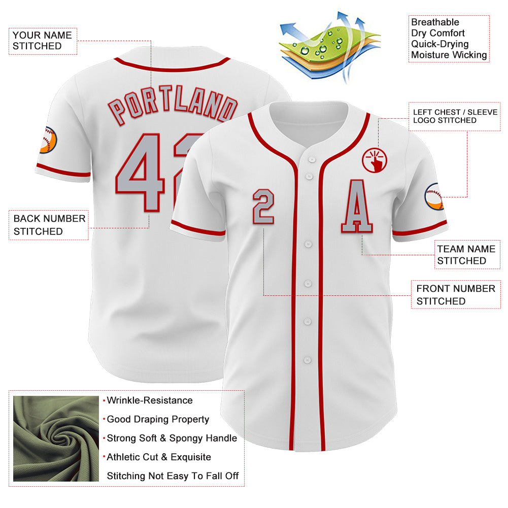 Custom White Gray-Red Authentic Baseball Jersey