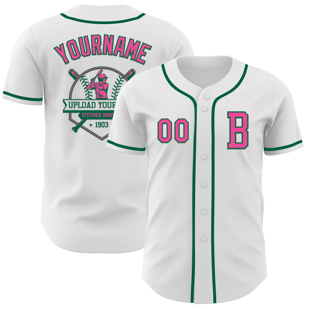 Custom White Pink-Kelly Green Authentic Baseball Jersey