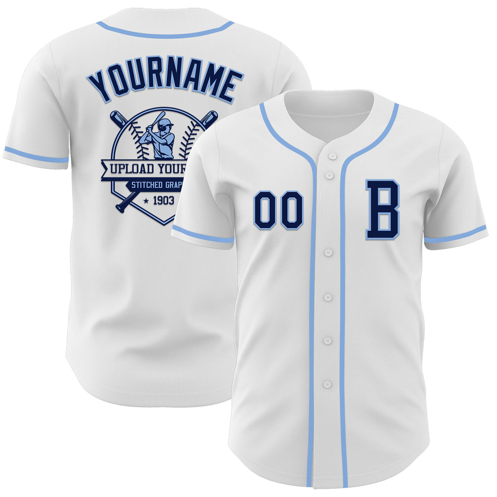 Custom White Navy-Light Blue Authentic Baseball Jersey