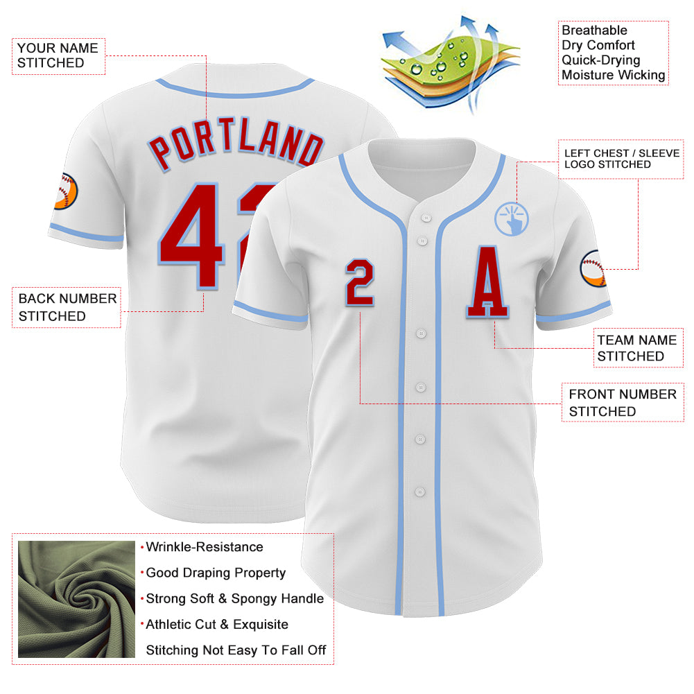 Custom White Red-Light Blue Authentic Baseball Jersey