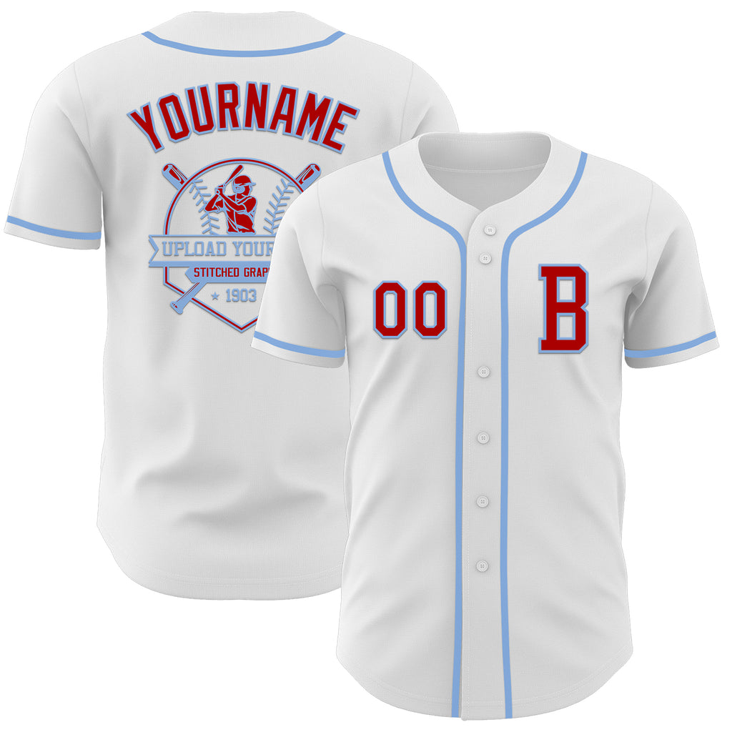 Custom White Red-Light Blue Authentic Baseball Jersey