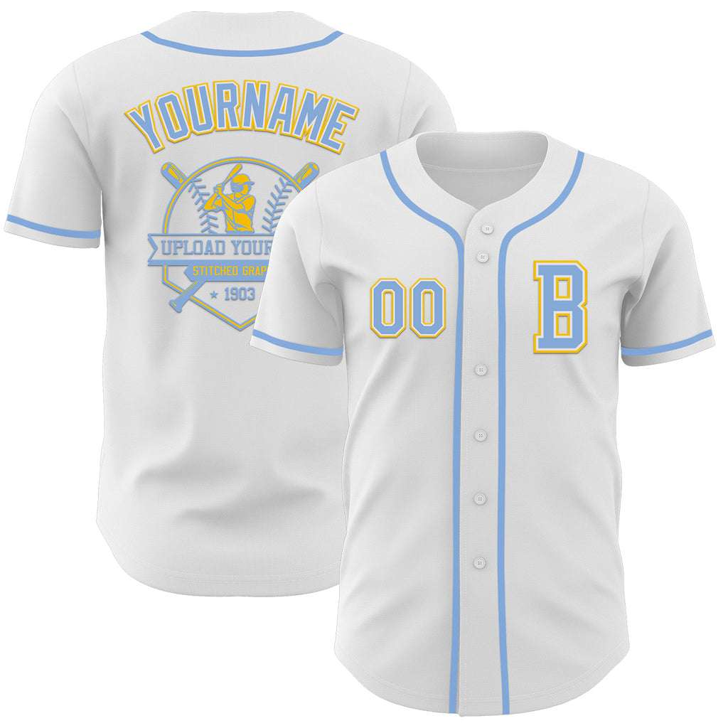 Custom White Light Blue-Yellow Authentic Baseball Jersey