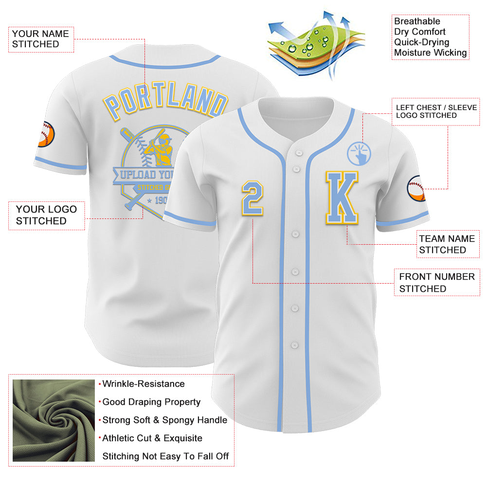 Custom White Light Blue-Yellow Authentic Baseball Jersey