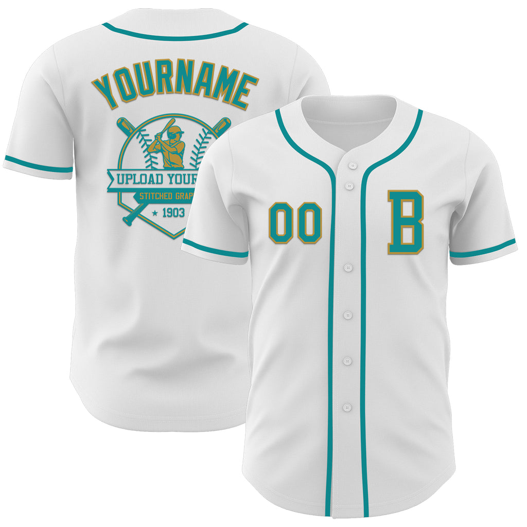 Custom White Teal-Old Gold Authentic Baseball Jersey