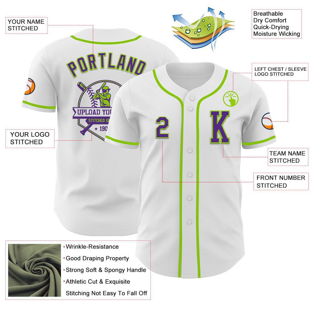 Custom White Purple-Neon Green Authentic Baseball Jersey