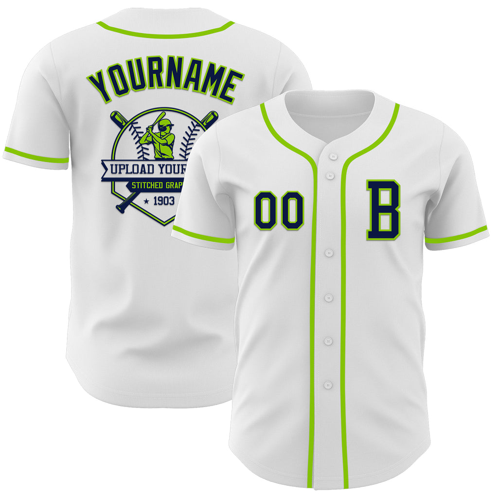 Custom White Navy-Neon Green Authentic Baseball Jersey