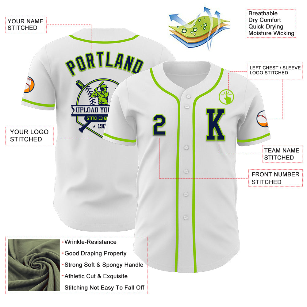 Custom White Navy-Neon Green Authentic Baseball Jersey