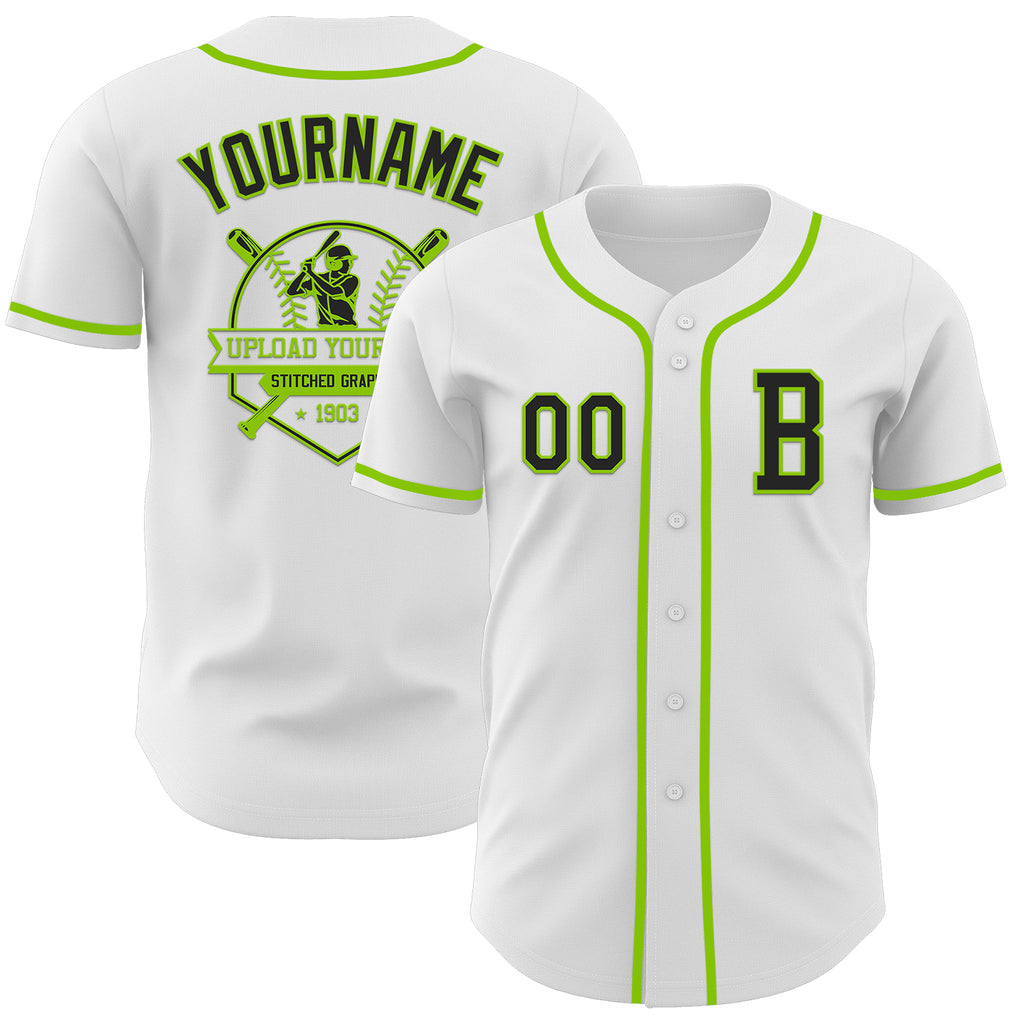 Custom White Black-Neon Green Authentic Baseball Jersey