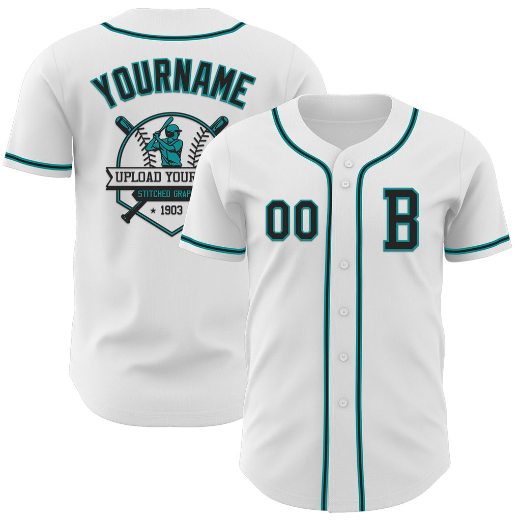 Custom White Black-Teal Authentic Baseball Jersey