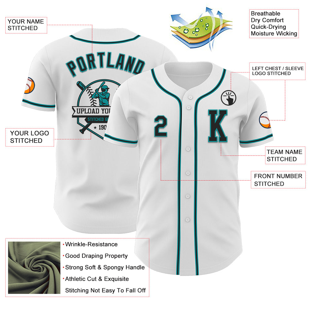 Custom White Black-Teal Authentic Baseball Jersey