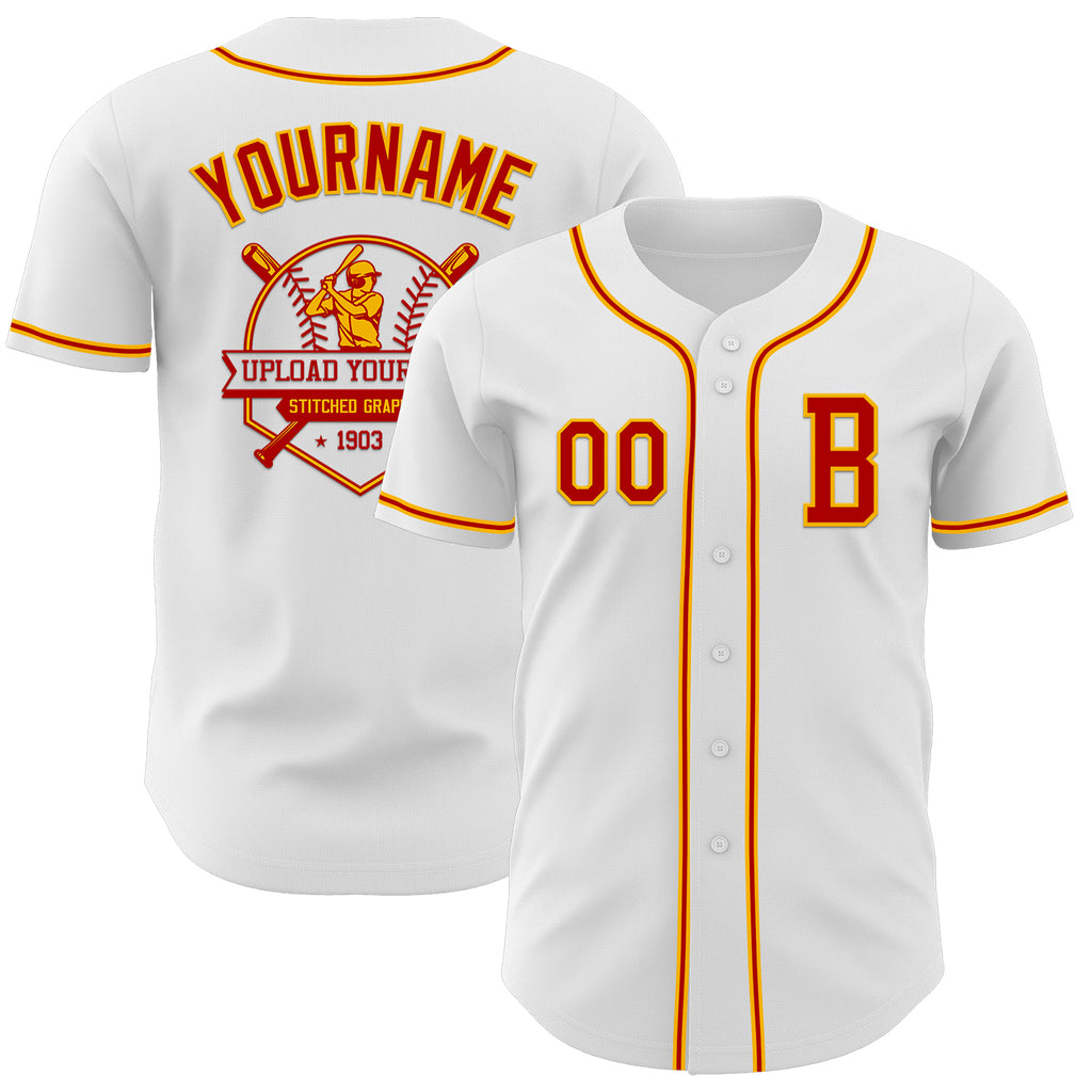 Custom White Red-Gold Authentic Baseball Jersey