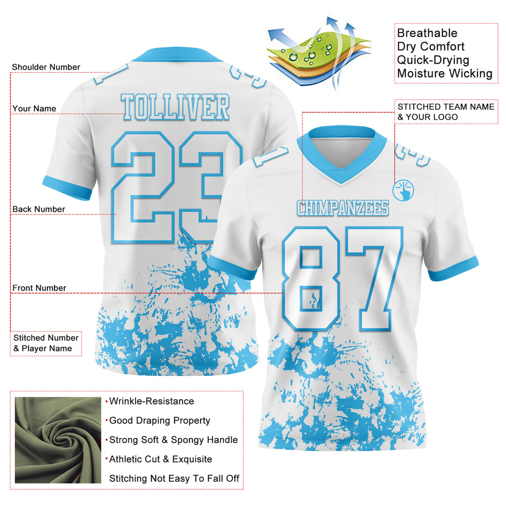 Custom White Sky Blue Splash Mesh Authentic Football Jersey
