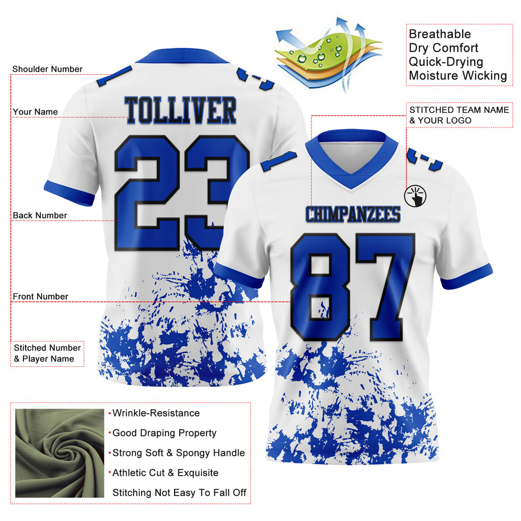 Custom White Thunder Blue-Black Splash Mesh Authentic Football Jersey
