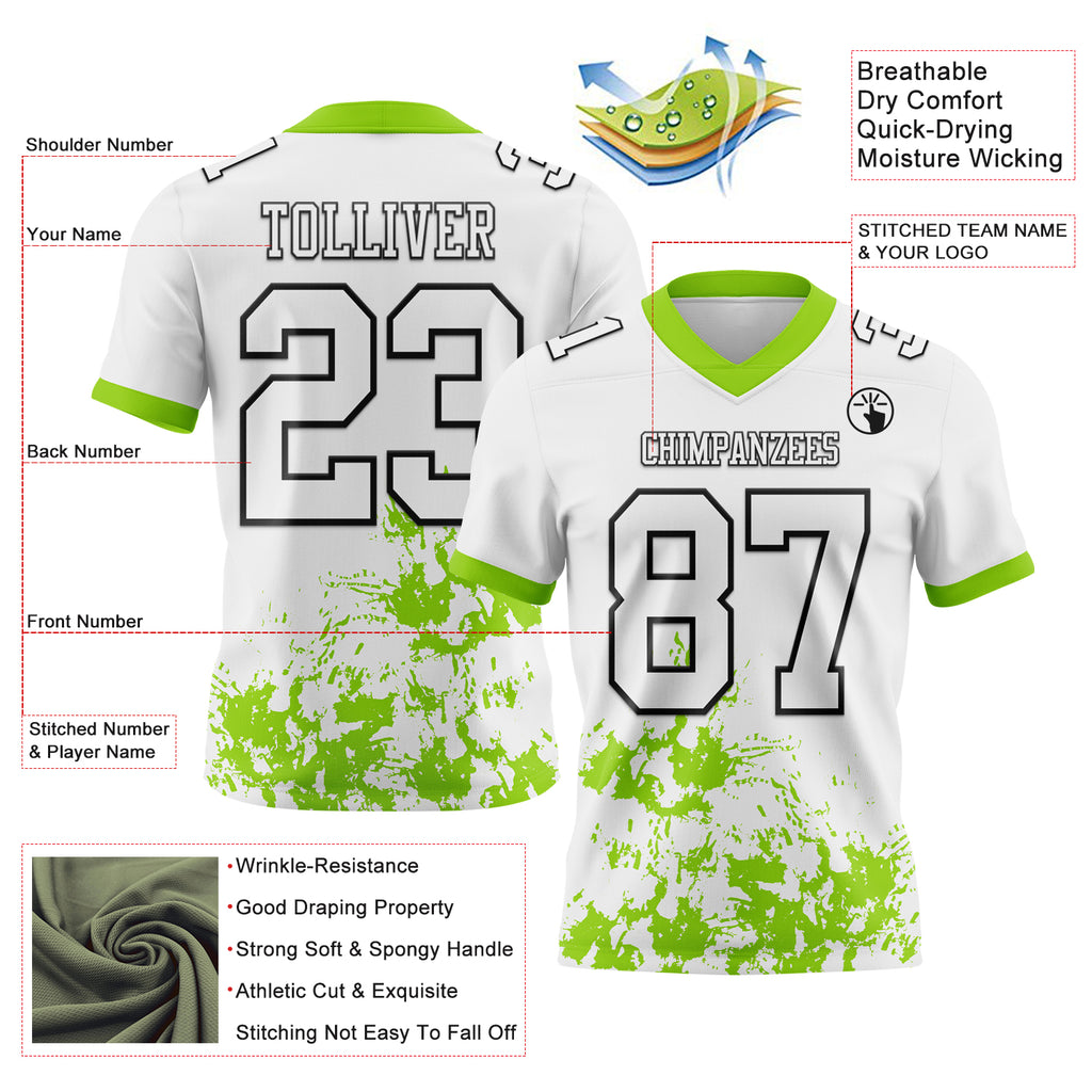 Custom White Neon Green-Black Splash Mesh Authentic Football Jersey