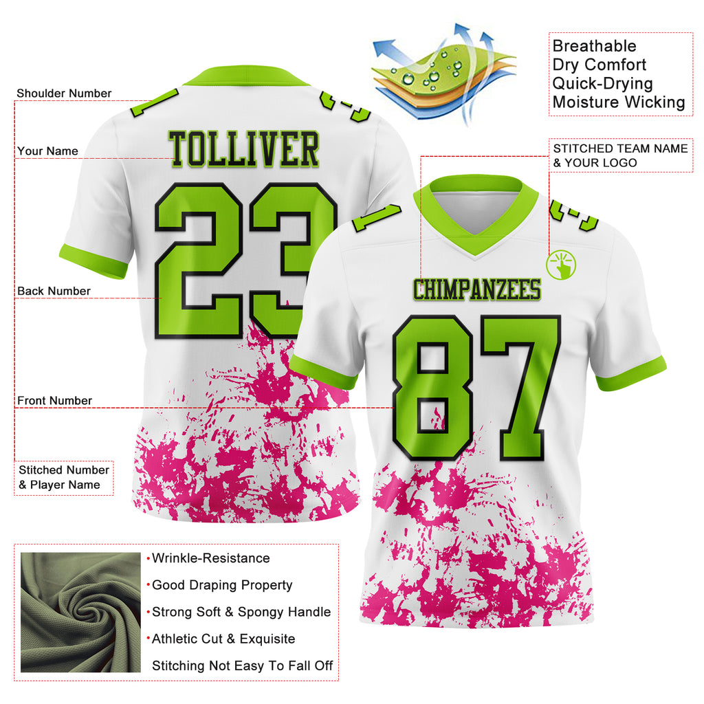 Custom White Neon Green Hot Pink-Black Splash Mesh Authentic Football Jersey