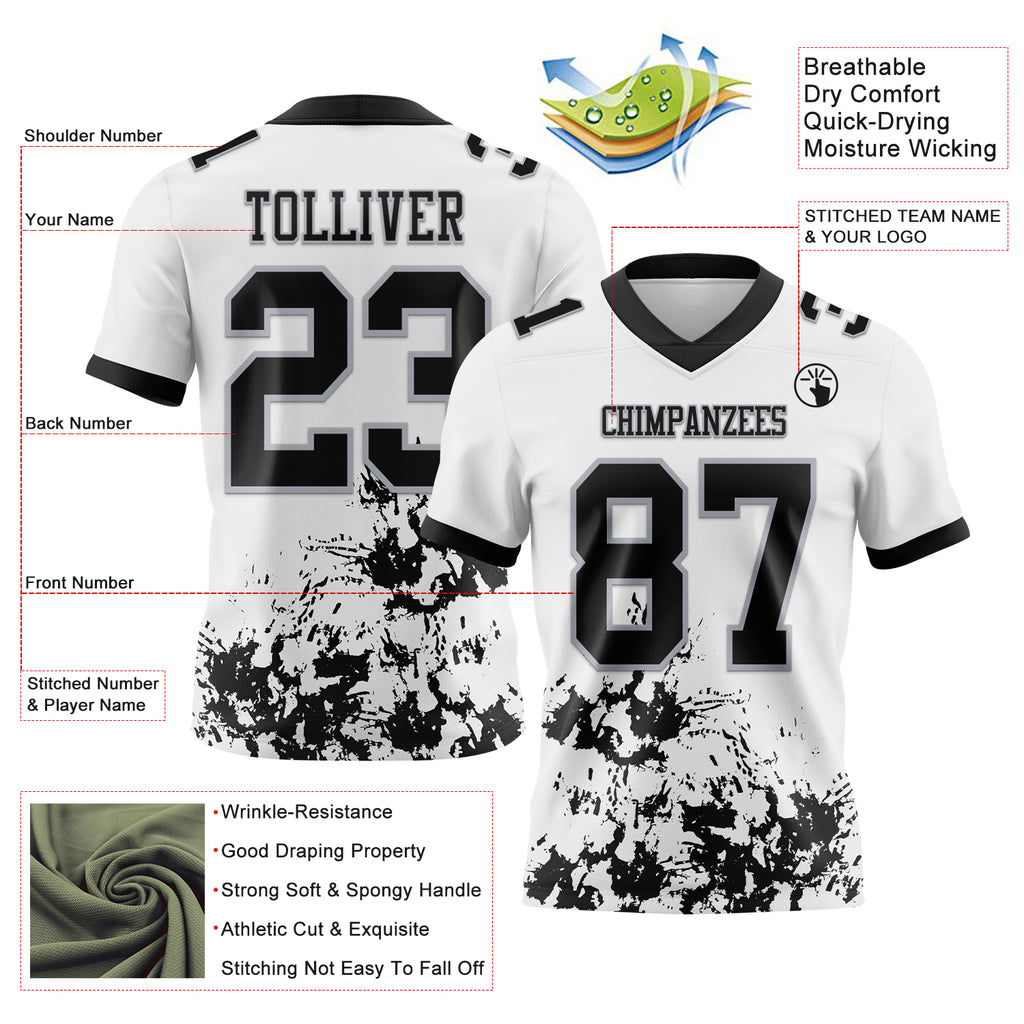 Custom White Black-Gray Splash Mesh Authentic Football Jersey