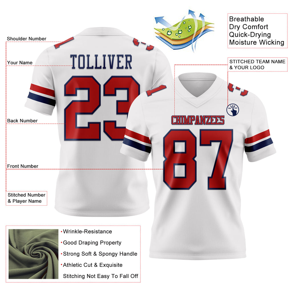 Custom White Red-Navy Mesh Authentic Football Jersey