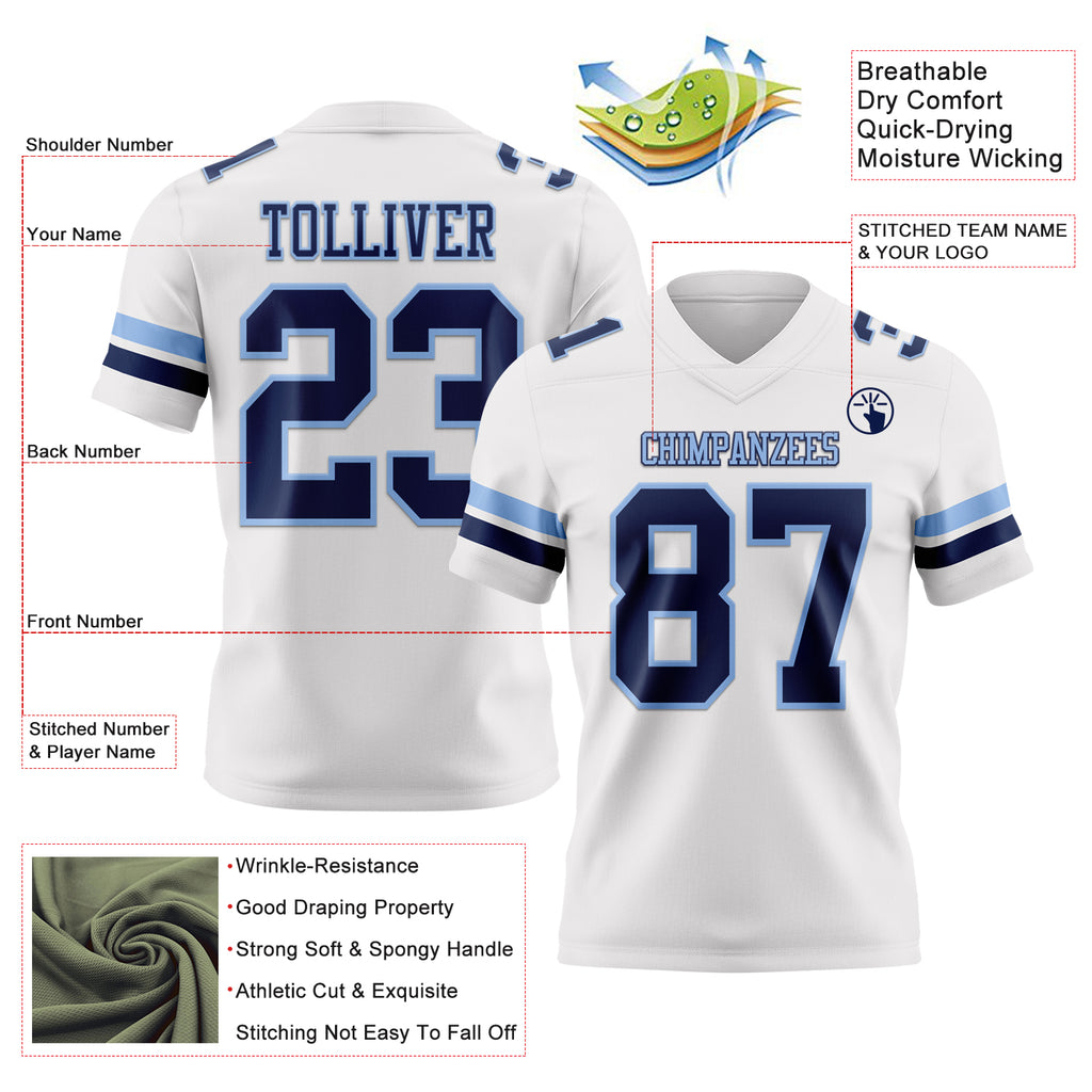 Custom White Navy-Light Blue Mesh Authentic Football Jersey