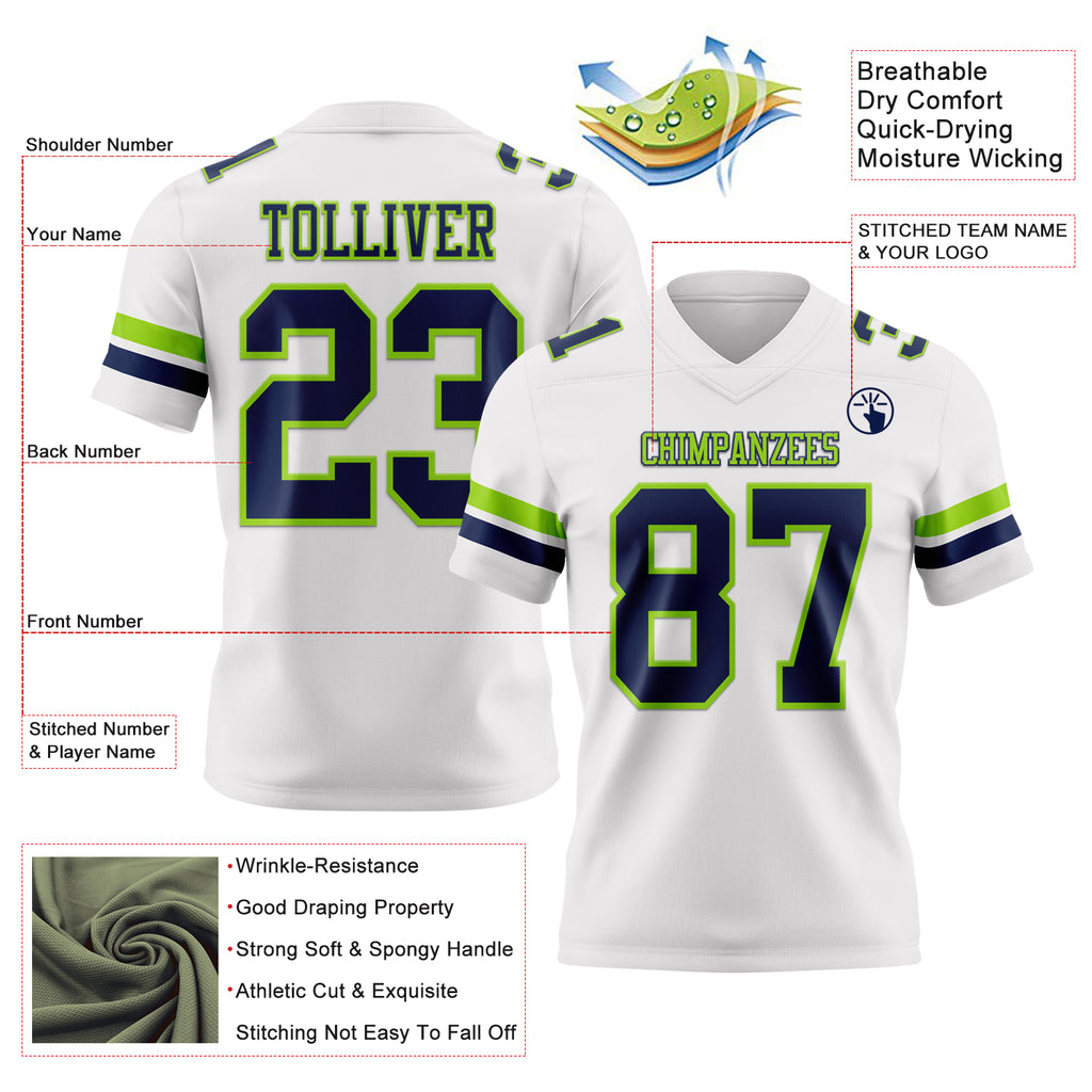 Custom White Navy-Neon Green Mesh Authentic Football Jersey