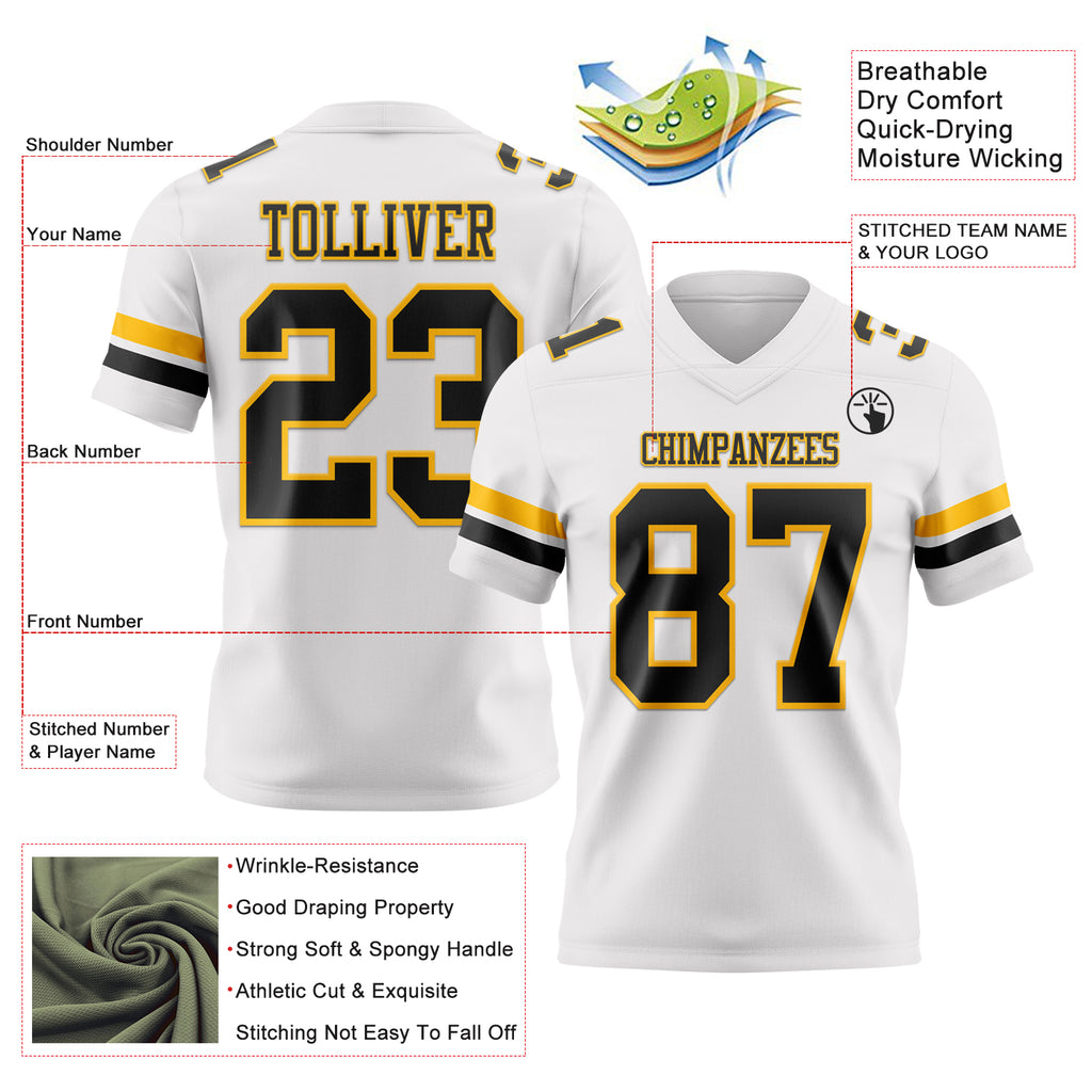 Custom White Black-Gold Mesh Authentic Football Jersey