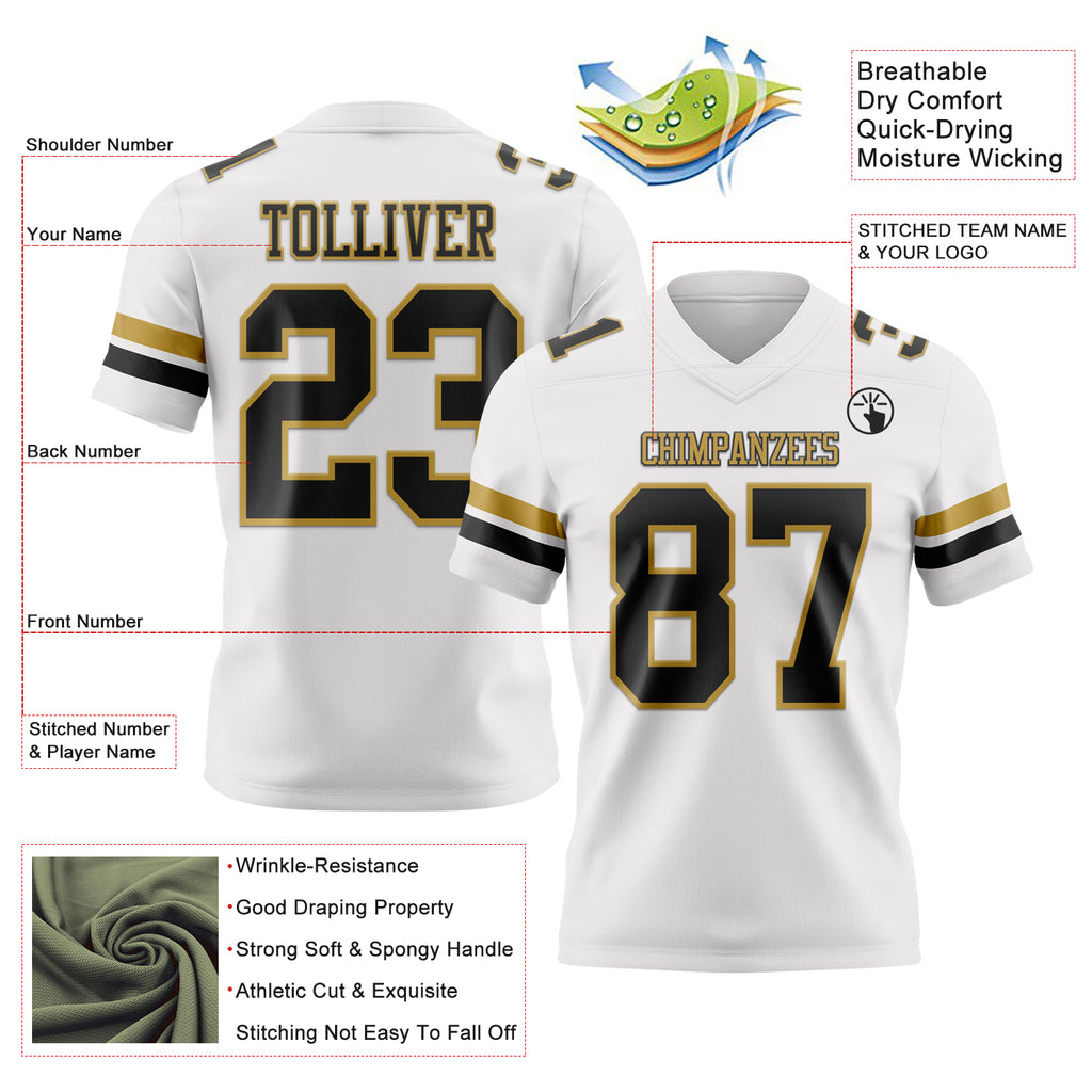 Custom White Black-Old Gold Mesh Authentic Football Jersey