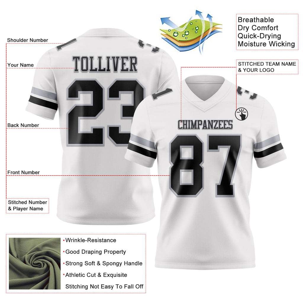 Custom White Black-Gray Mesh Authentic Football Jersey