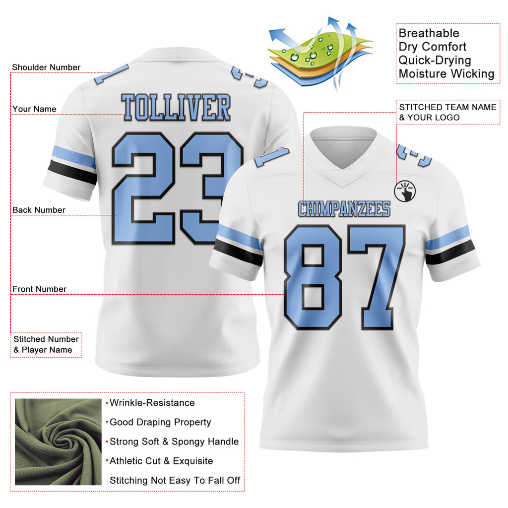 Custom White Light Blue-Black Mesh Authentic Football Jersey
