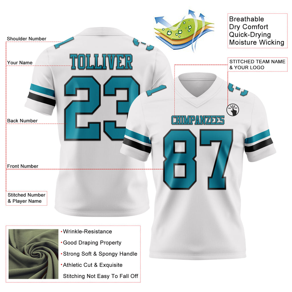 Custom White Teal-Black Mesh Authentic Football Jersey