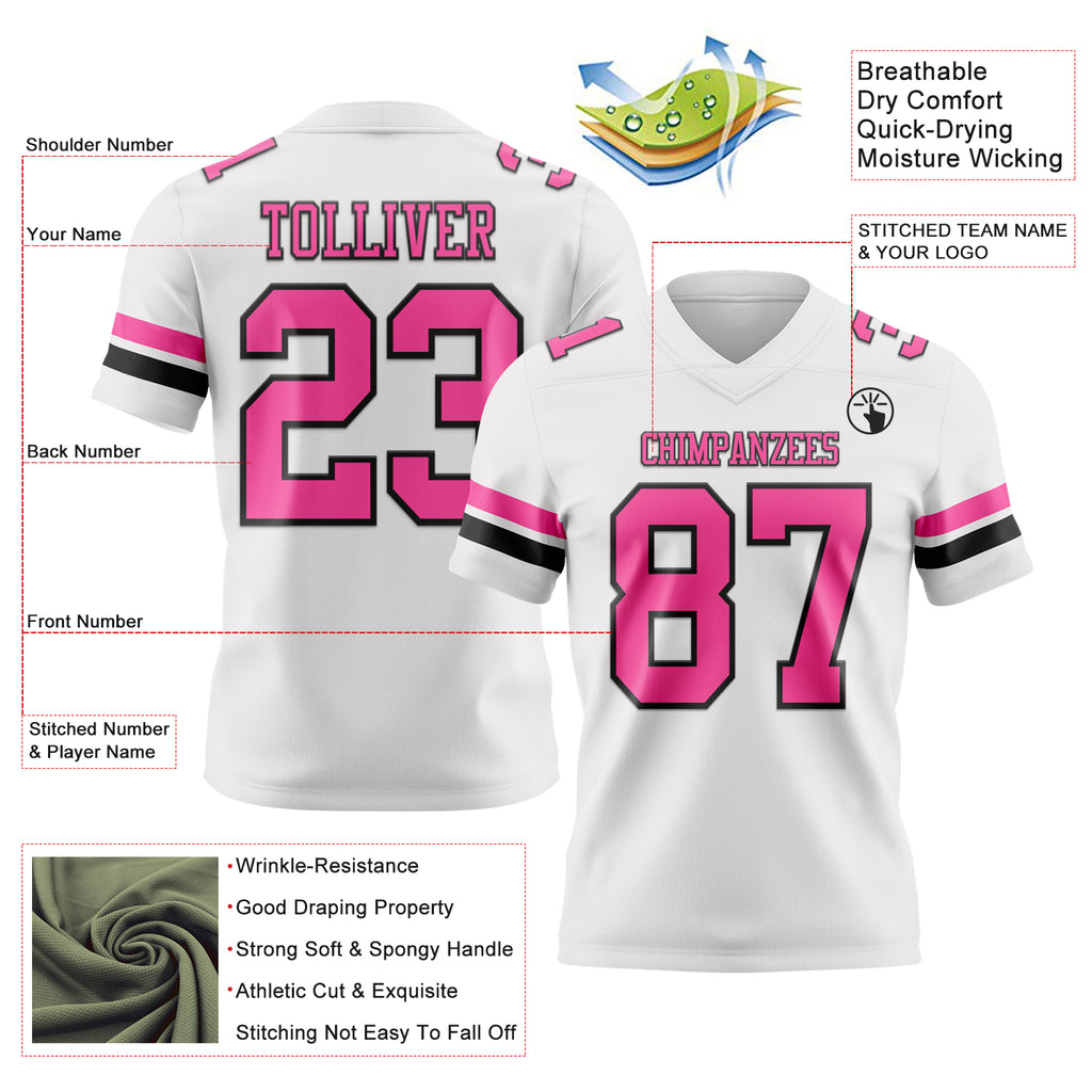 Custom White Pink-Black Mesh Authentic Football Jersey