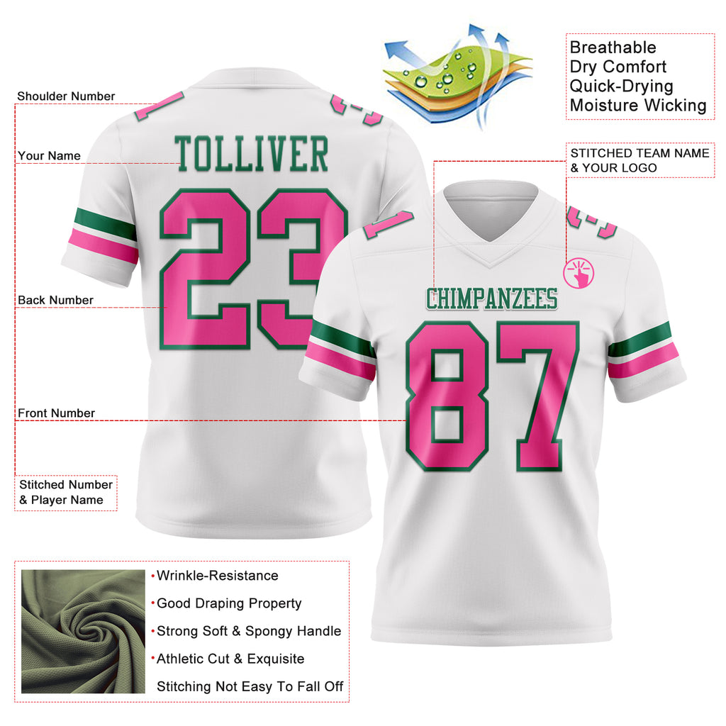 Custom White Pink-Kelly Green Mesh Authentic Football Jersey