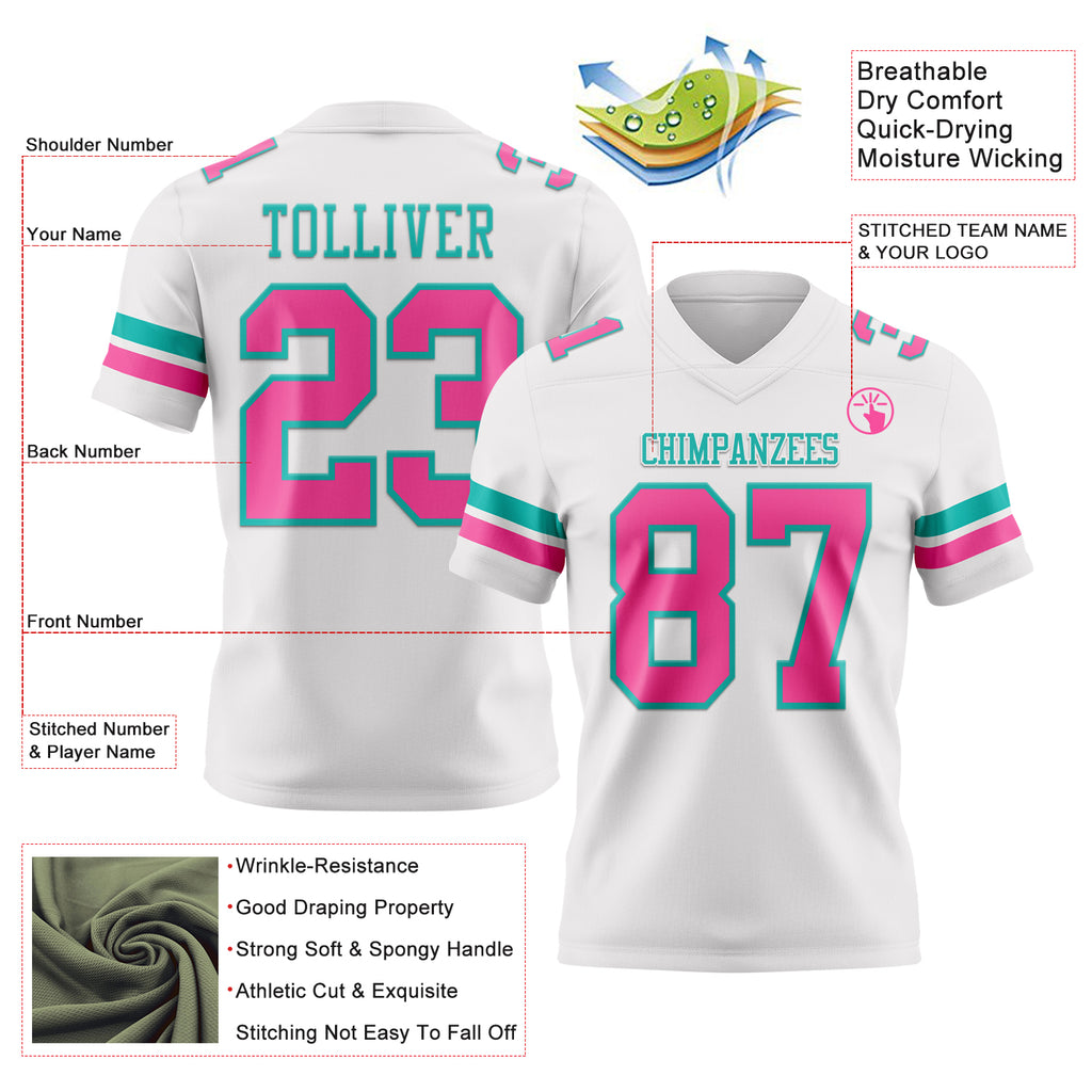 Custom White Pink-Aqua Mesh Authentic Football Jersey