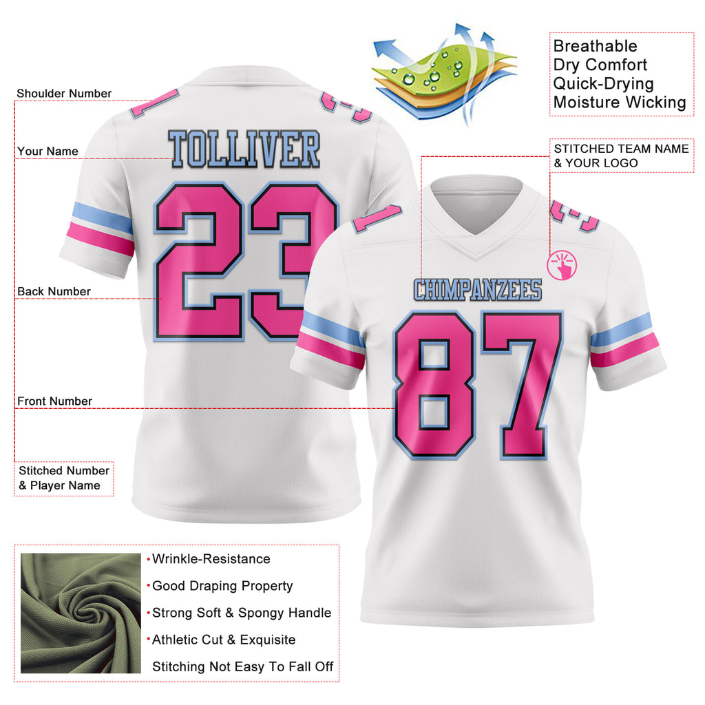 Custom White Pink Black-Light Blue Mesh Authentic Football Jersey