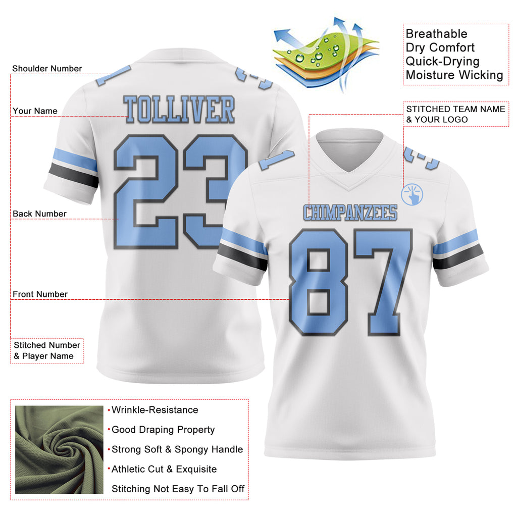 Custom White Light Blue-Steel Gray Mesh Authentic Football Jersey