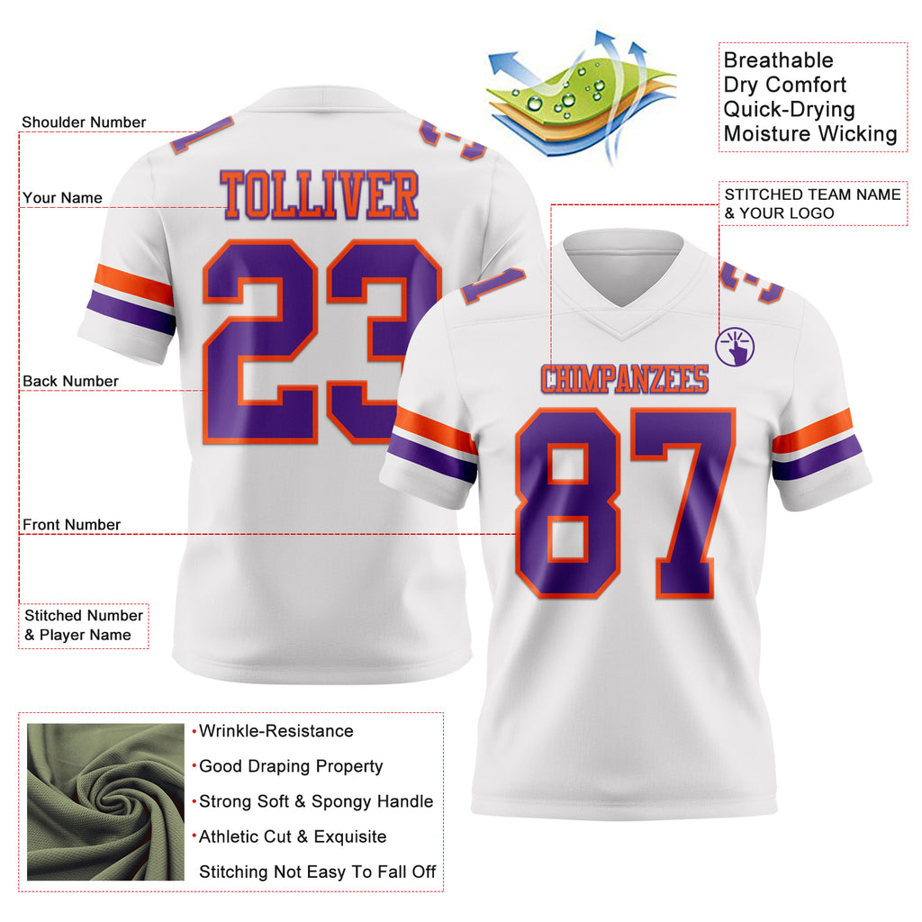 Custom White Purple-Orange Mesh Authentic Football Jersey