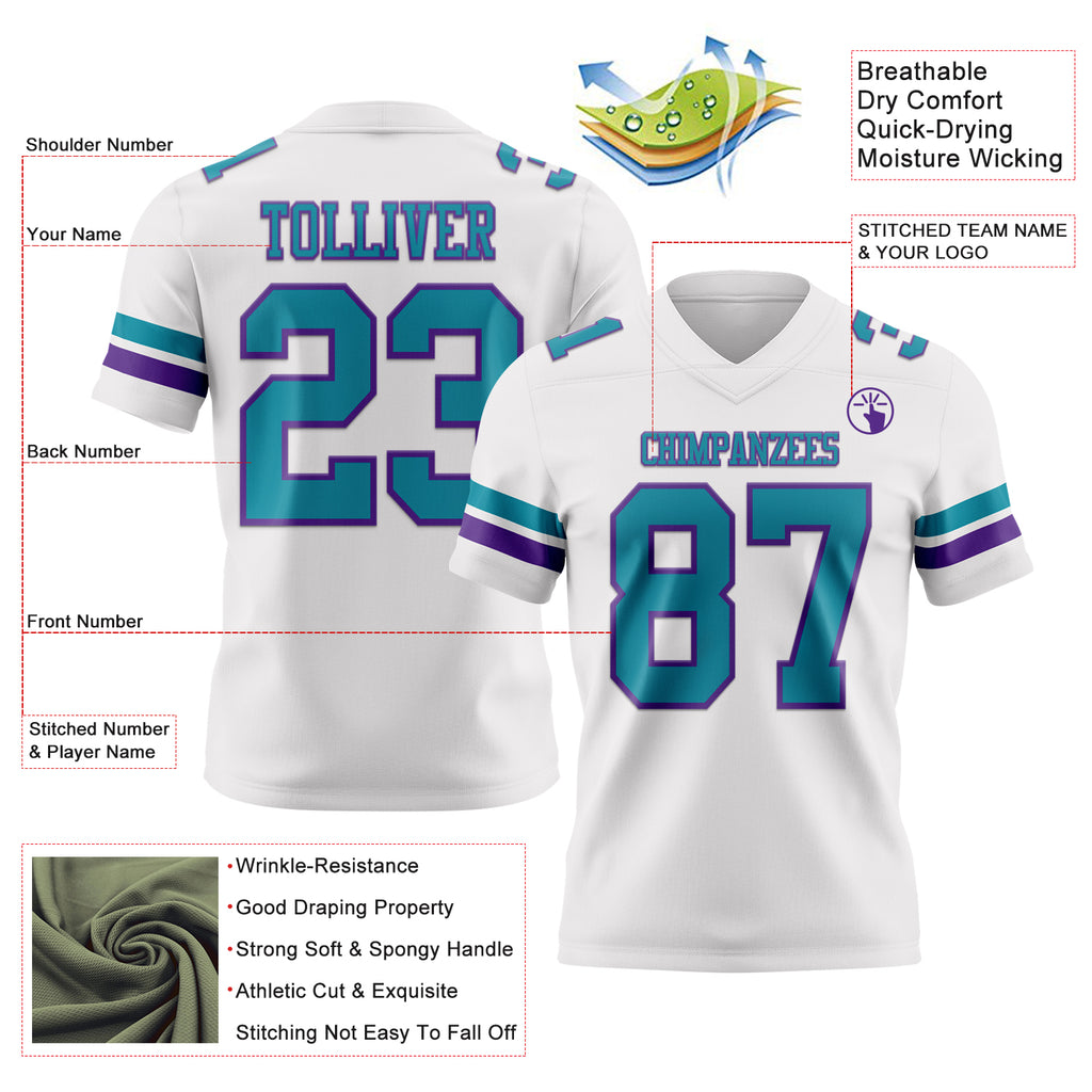 Custom White Teal-Purple Mesh Authentic Football Jersey
