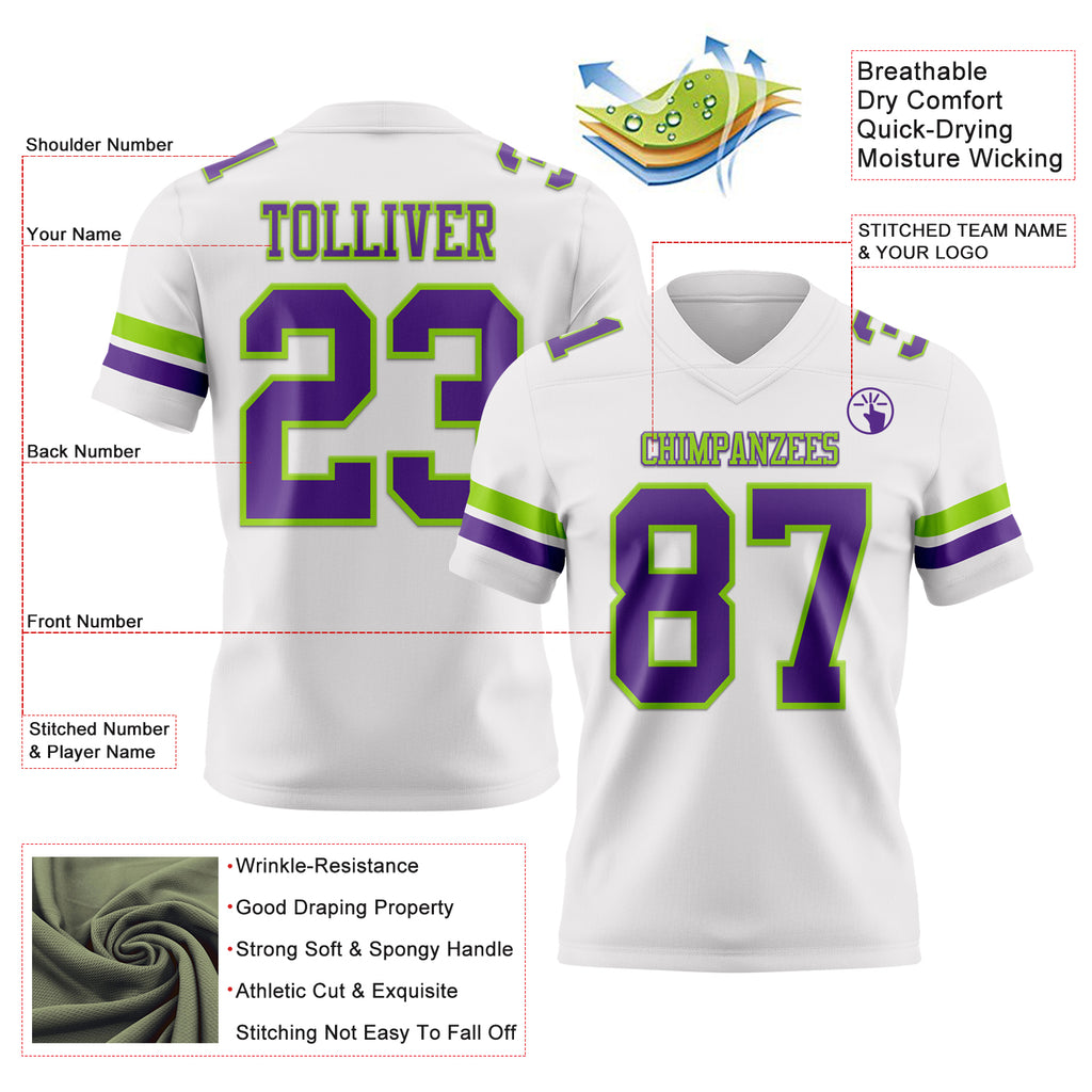 Custom White Purple-Neon Green Mesh Authentic Football Jersey