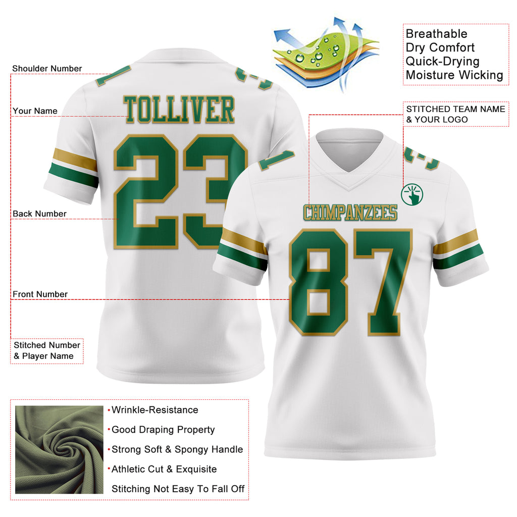 Custom White Kelly Green-Old Gold Mesh Authentic Football Jersey