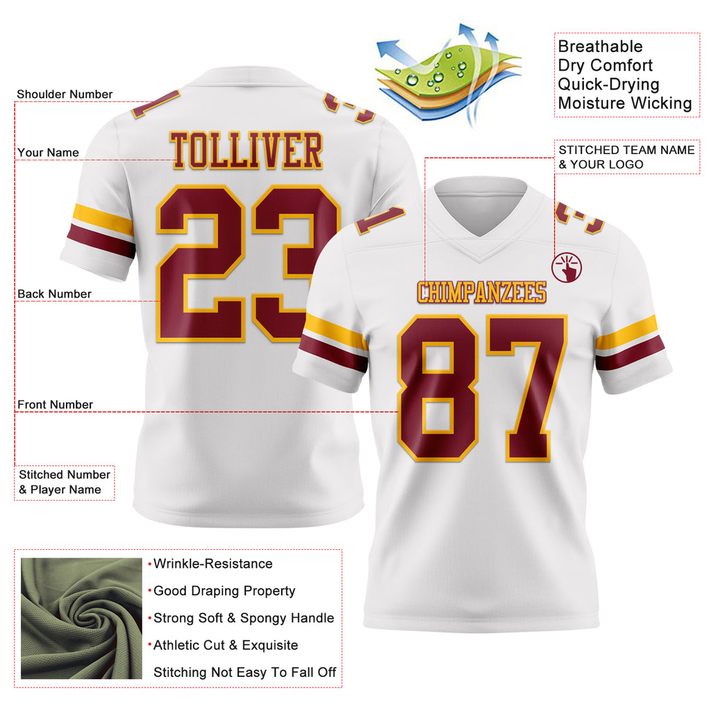 Custom White Crimson-Gold Mesh Authentic Football Jersey