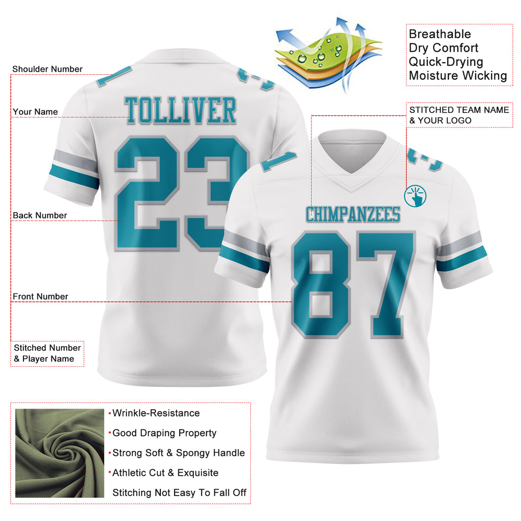 Custom White Teal-Gray Mesh Authentic Football Jersey