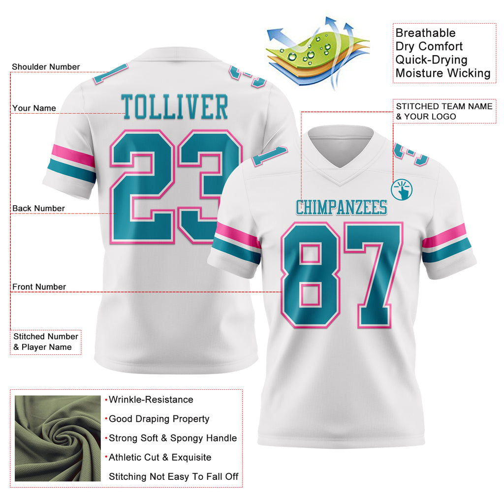 Custom White Teal-Pink Mesh Authentic Football Jersey