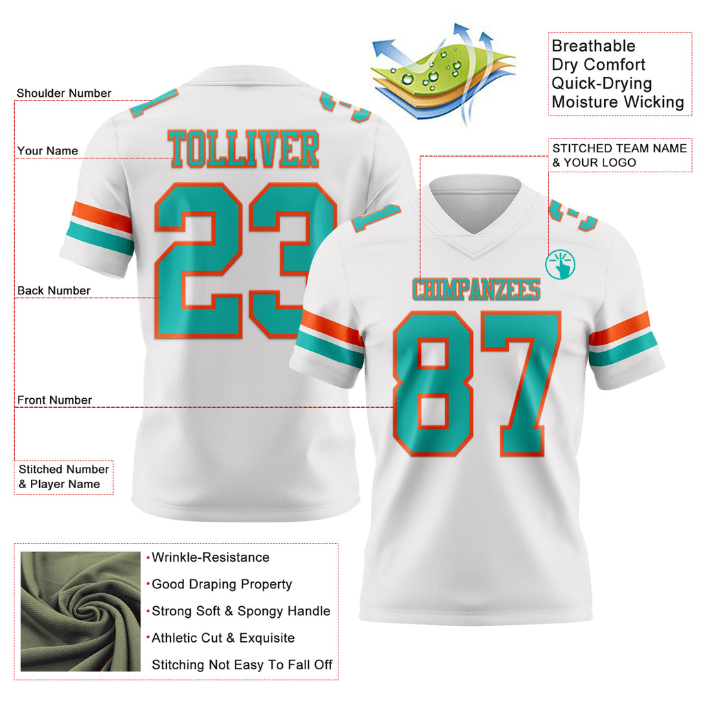 Custom White Aqua-Orange Mesh Authentic Football Jersey