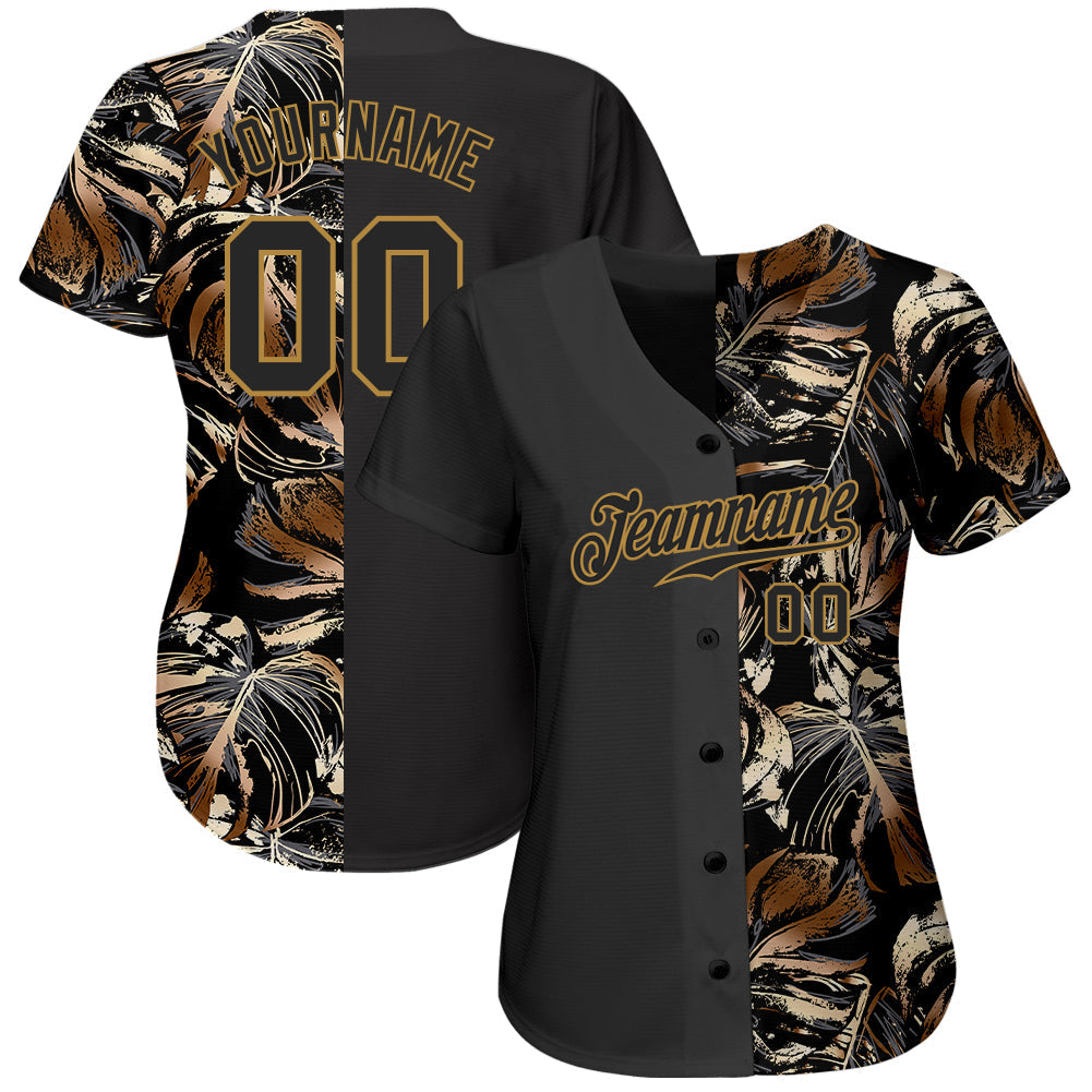 Custom 3D pattern design baseball jersey with golden tropical leaves in the style of Jungalow and Hawaii, authentic with free shipping4