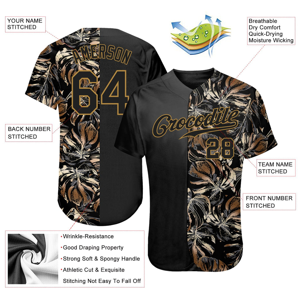 Custom 3D pattern design baseball jersey with golden tropical leaves in the style of Jungalow and Hawaii, authentic with free shipping3