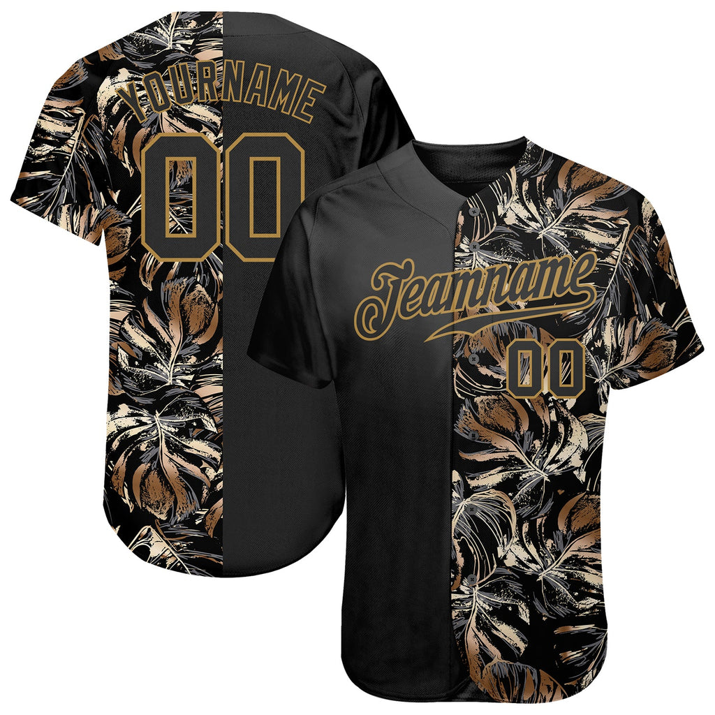Custom 3D pattern design baseball jersey with golden tropical leaves in the style of Jungalow and Hawaii, authentic with free shipping1