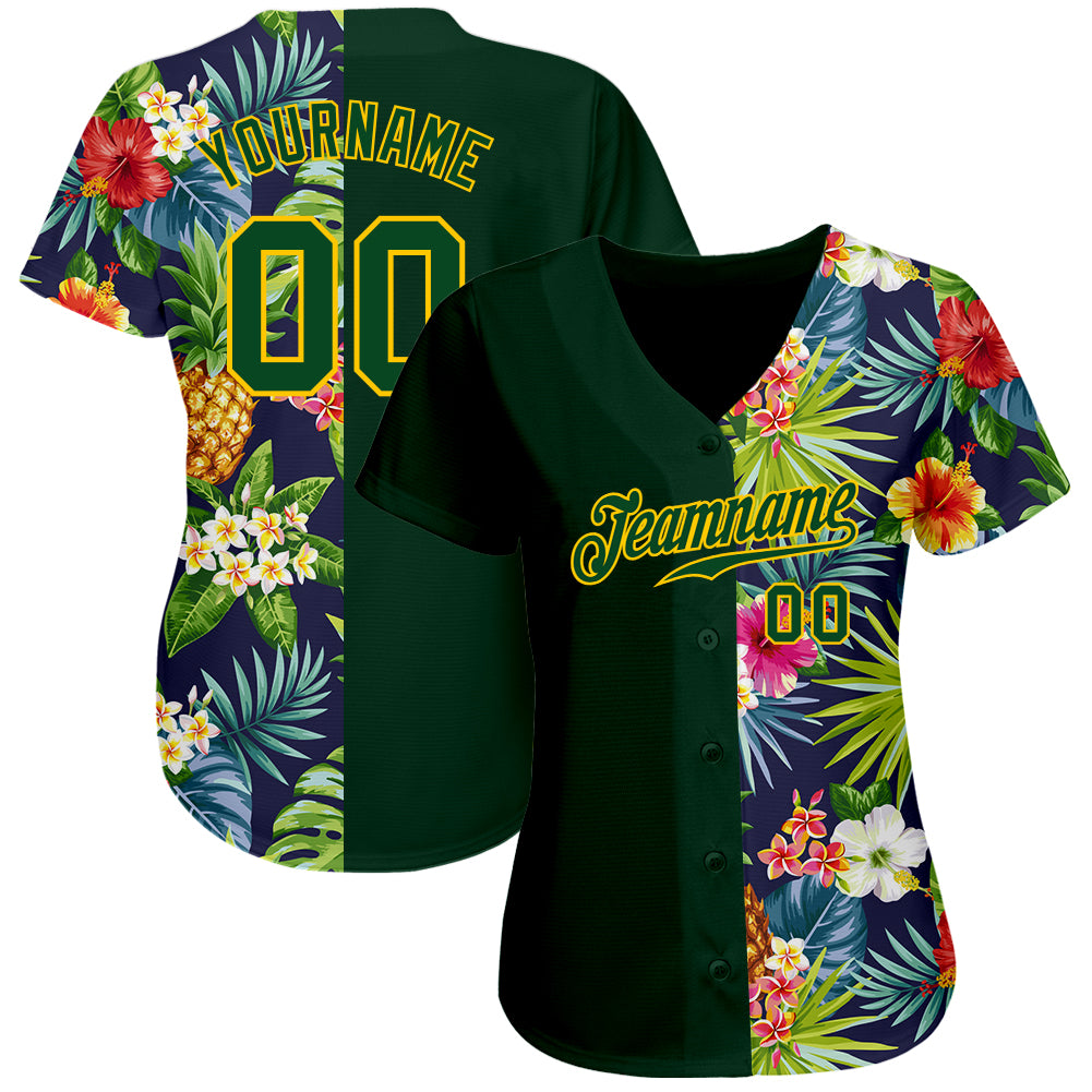 Custom 3D pattern design baseball jersey with tropical pattern including pineapples, palm leaves, and flowers, authentic with free shipping0