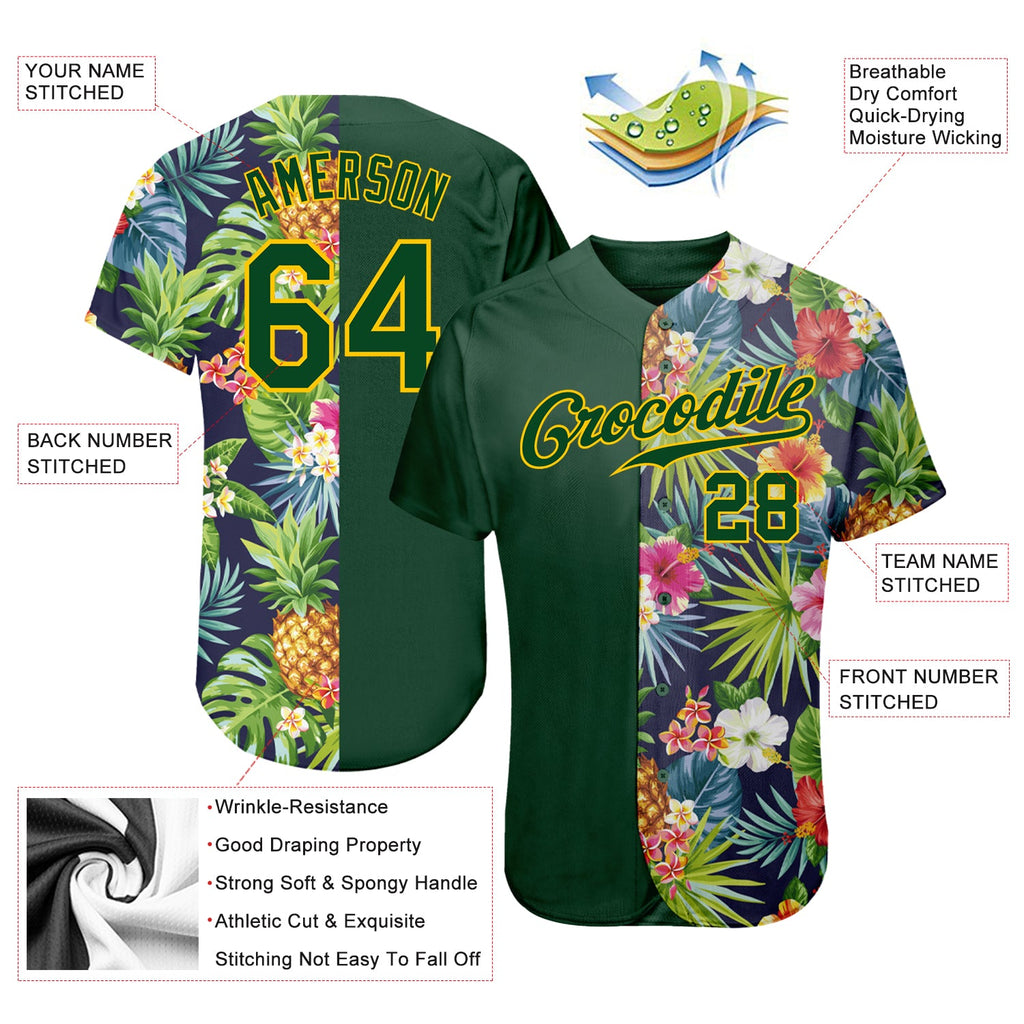 Custom 3D pattern design baseball jersey with tropical pattern including pineapples, palm leaves, and flowers, authentic with free shipping2