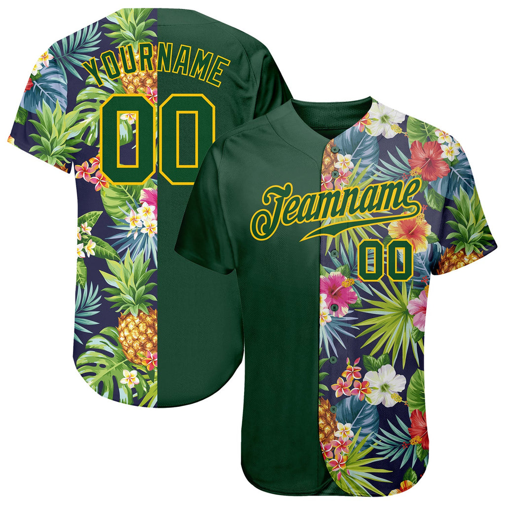 Custom 3D pattern design baseball jersey with tropical pattern including pineapples, palm leaves, and flowers, authentic with free shipping1